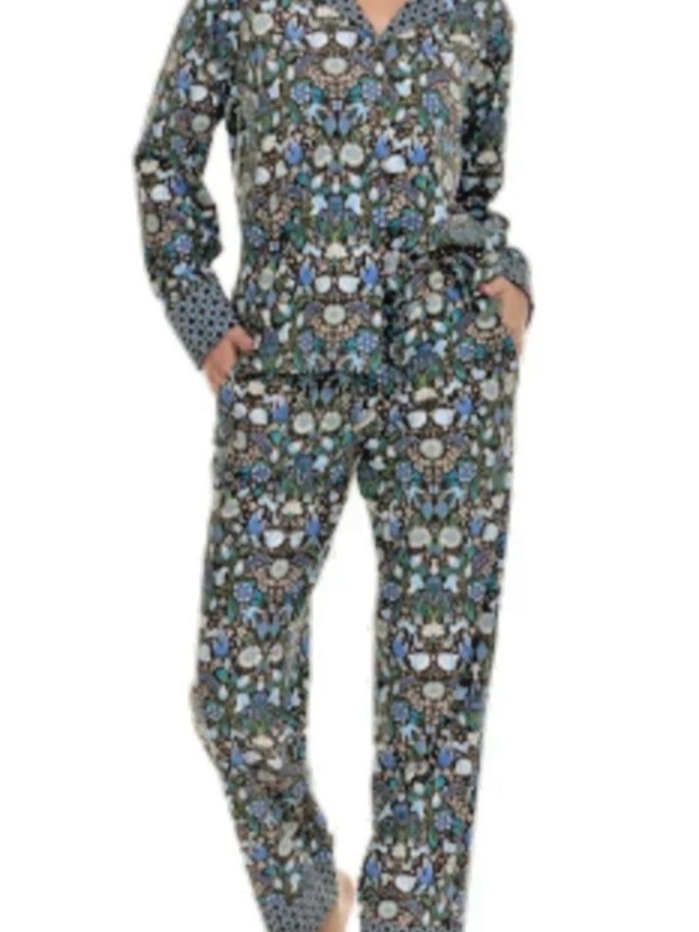 Vera Bradley Blue and Green Floral-Print Pajama Set Sz M
